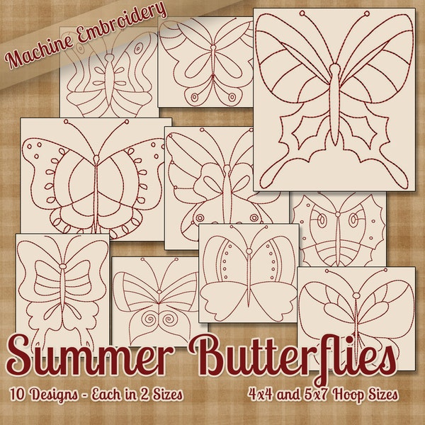 Summer Butterflies Redwork Machine Embroidery Patterns / Designs 4x4 and 5x7 Hoop INSTANT DOWNLOAD Decorative Outline Style Quilting
