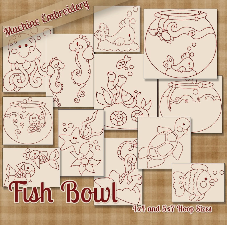 Redwork Fish Bowl Machine Embroidery Patterns / Designs - 4x4 and 5x7 ...