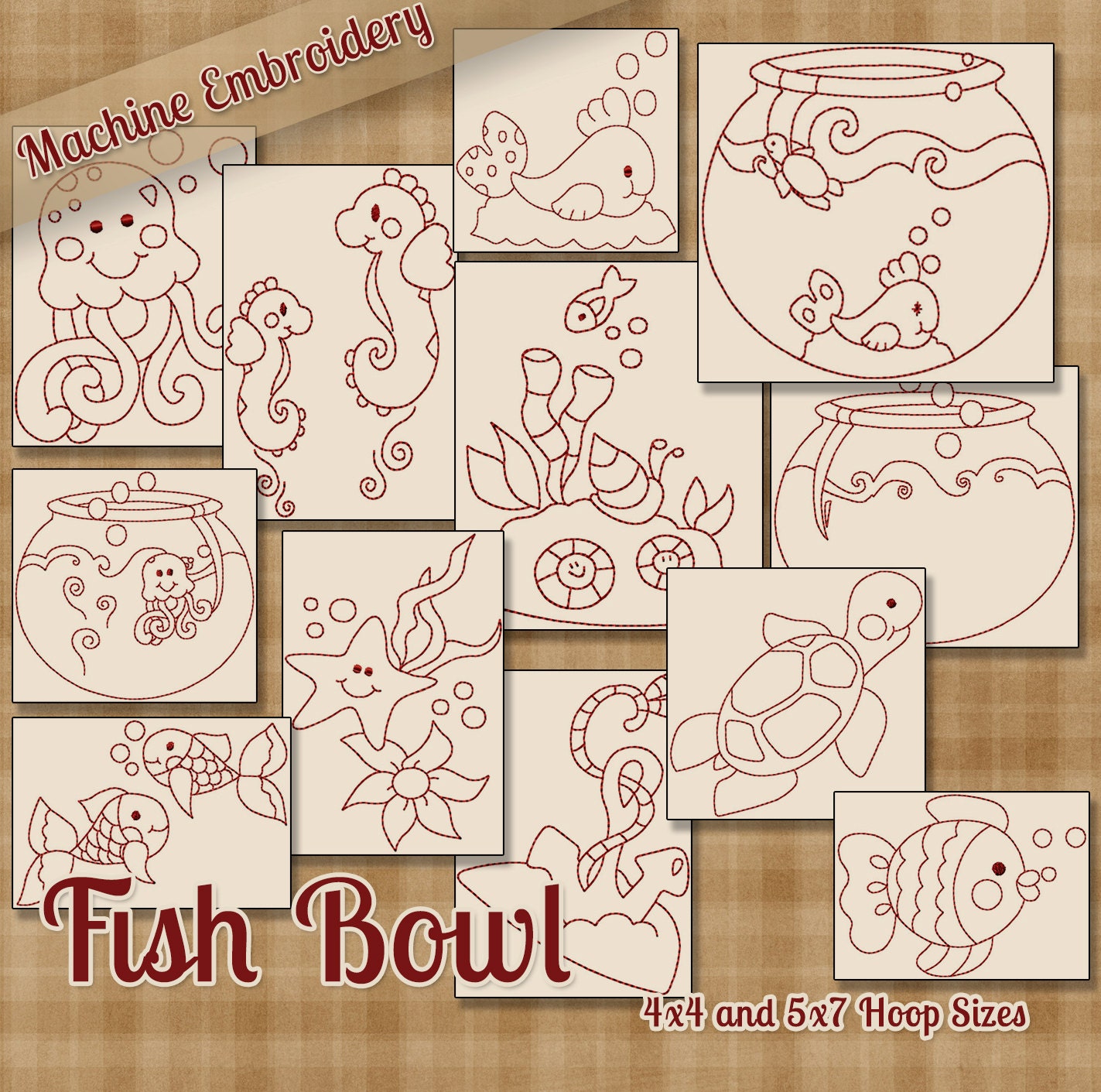 Redwork Fish Bowl Machine Embroidery Patterns / Designs - 4x4 and 5x7 ...