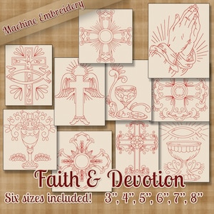 Redwork Faith & Devotion Machine Embroidery Patterns / Designs - 6 Sizes - 10 Designs - 2 Sizes Each - Religious Christian Jesus Church