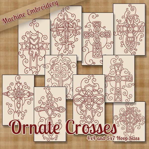Redwork Ornate Crosses Machine Embroidery Patterns / Designs - 4x4 and 5x7 Hoop - 10 Designs - 2 Sizes Each - INSTANT DOWNLOAD