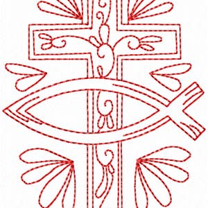 Redwork Faith & Devotions No. 4 Machine Embroidery Design/Christian Religious Pattern - 6 Sizes - Cross Fish Religion