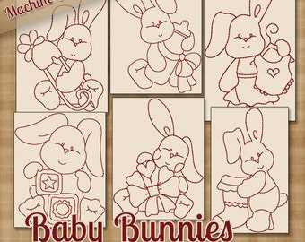 Baby Bunnies Redwork Machine Embroidery Patterns / Designs - 4x4 and 5x7 Hoop - 6 Designs INSTANT DOWNLOAD