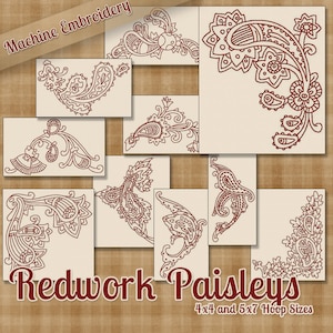 Redwork Paisley Stil Maschine Stickerei Muster / Designs 4 x 4 und 5 x 7 Reifen INSTANT DOWNLOAD dekorative Umriss Stil Quilten
