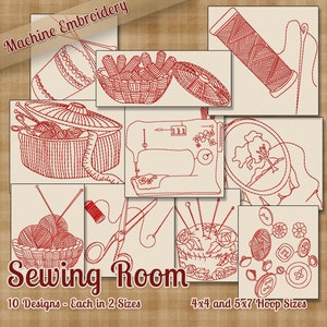 Nähen Raum Redwork Stickerei Maschine Designs - 10 Muster 2 Größen 2 Größen jeder INSTANT DOWNLOAD - Körbe Boxen Knöpfe Nadeln Faden