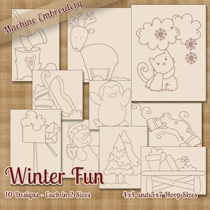 Winter Fun Redwork Machine Embroidery Patterns / Designs - 4x4 and 5x7 Hoop - 10 Designs INSTANT DOWNLOAD