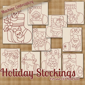May include: Set of 9 machine embroidery designs for holiday stockings. The designs feature various Christmas themes, including a snowman, a house, a reindeer, a poinsettia, a bell, a Christmas tree, and a gingerbread man. The designs are available in 4x4 and 5x7 hoop sizes.