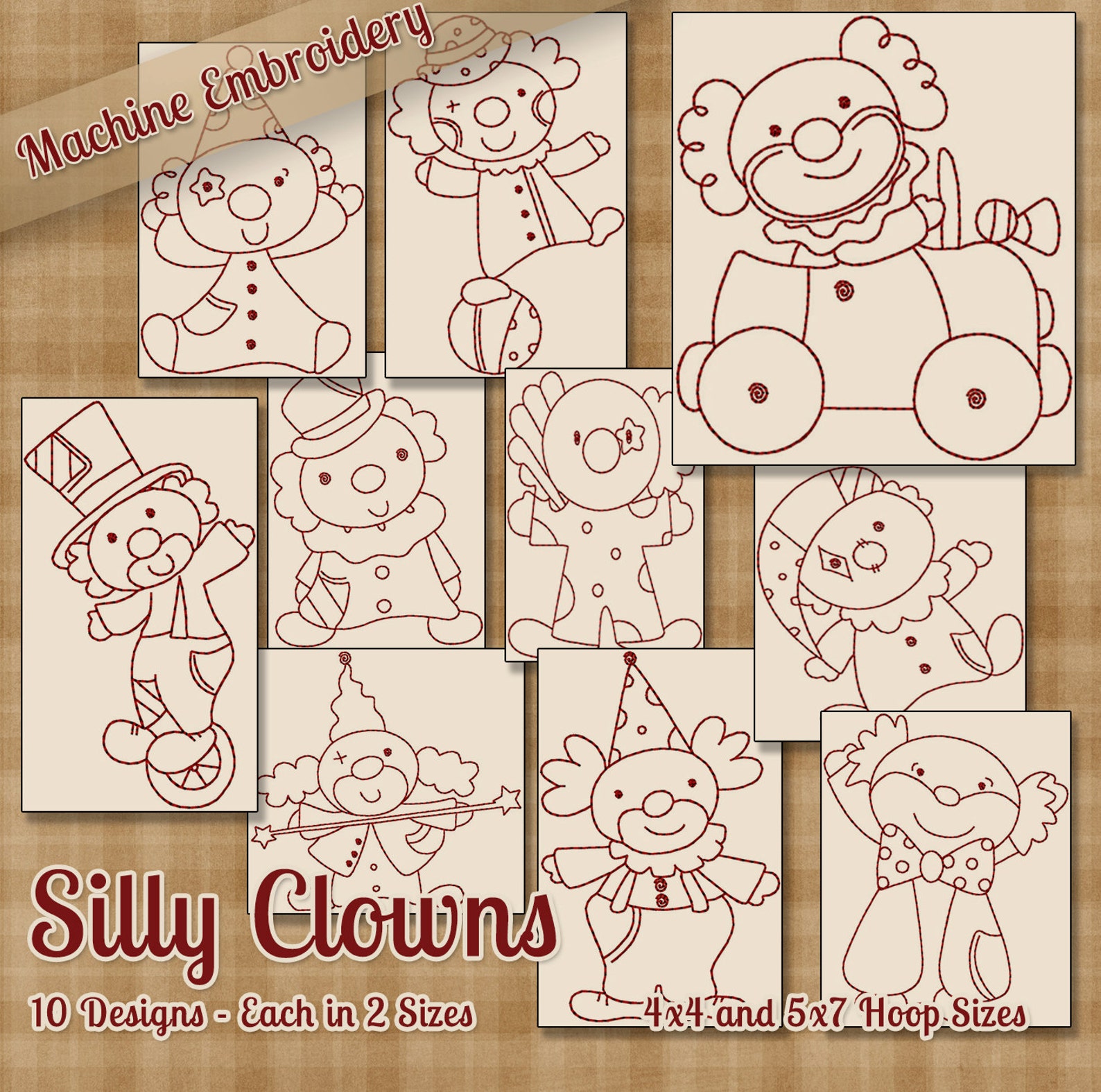 Redwork Silly Clowns Machine Embroidery Patterns / Designs - 4x4 and ...