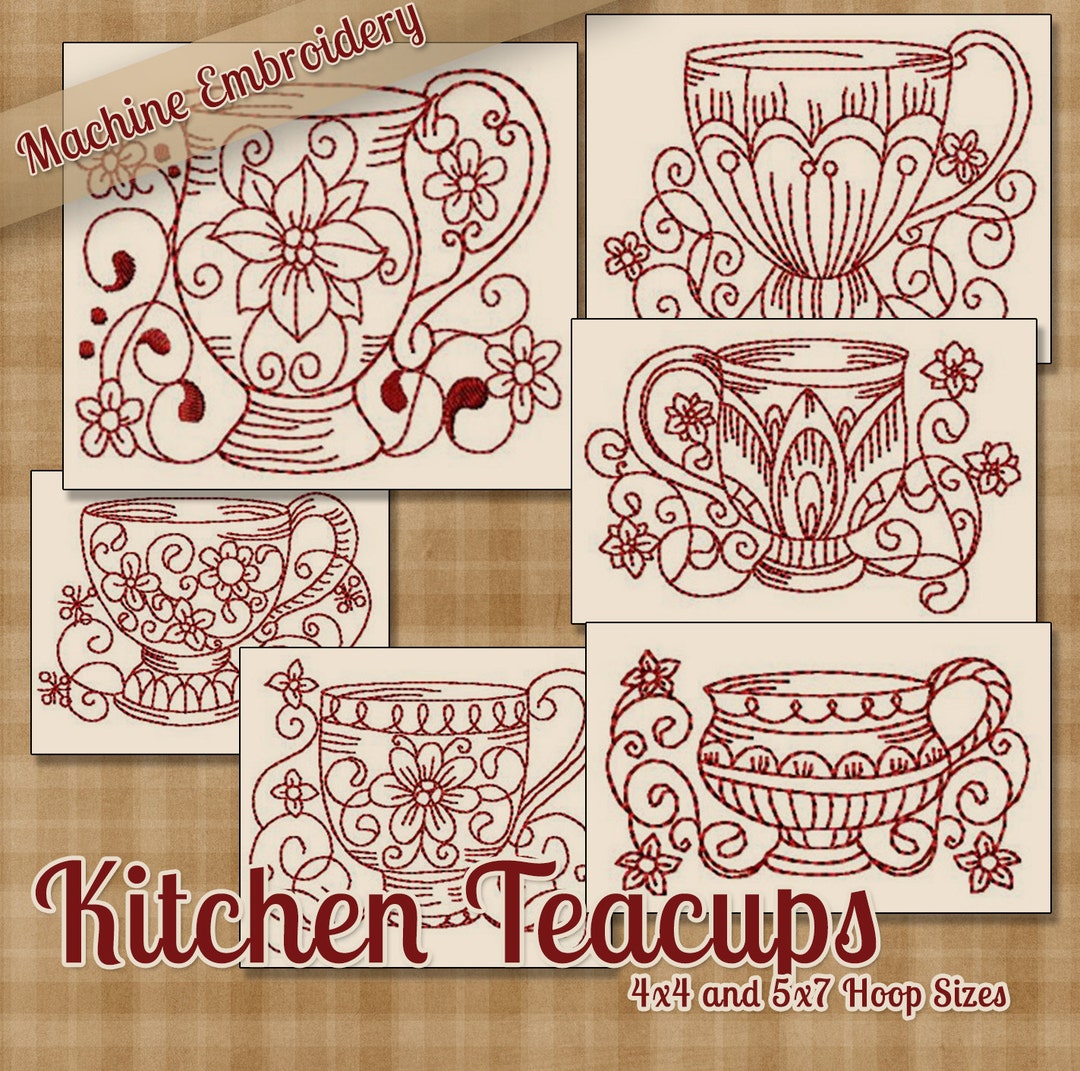Redwork Teacups Machine Embroidery Patterns / Designs 4x4 and 5x7 Hoop
