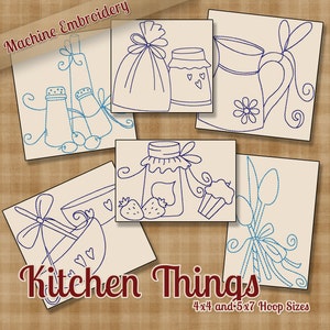 May include: A set of six machine embroidery designs featuring kitchen-themed items, including a jar of jam, a pitcher, a bowl, a bag of flour, salt and pepper shakers, and a cupcake. The designs are outlined in blue thread and are suitable for 4x4 and 5x7 hoop sizes. The text "Kitchen Things" is displayed below the designs.