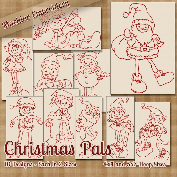 Redwork Christmas Pals Machine Embroidery Patterns / Designs 4x4 and 5x7 Hoop INSTANT DOWNLOAD