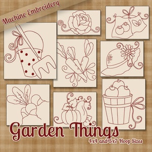 Garden Things Redwork Machine Embroidery Patterns / Designs - 4x4 and 5x7 Hoop -  8 Designs INSTANT DOWNLOAD