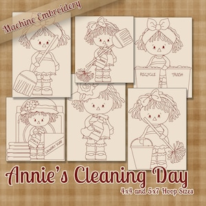 Redwork Annie&#39;s Cleaning Day Machine Embroidery Patterns / Designs - 4x4 and 5x7 Hoop - 6 Designs INSTANT DOWNLOAD