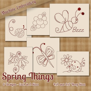 Frühling Dinge Redwork Maschine Stickerei Muster / Designs - 4 x 4 und 5 x 7 Reifen INSTANT DOWNLOAD