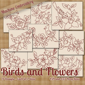Vögel und Blumen Redwork Maschine Stickerei Muster / Designs 4 x 4 und 5 x 7 Reifen INSTANT DOWNLOAD dekorative Umriss Stil Quilten