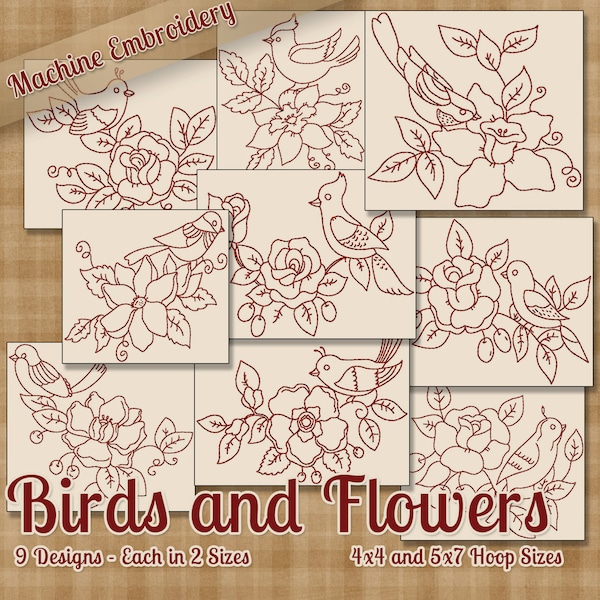 Birds and Flowers Redwork Machine Embroidery Patterns / Designs 4x4 and 5x7 Hoop INSTANT DOWNLOAD Decorative Outline Style Quilting