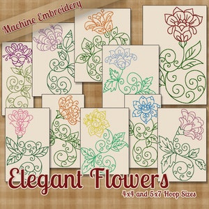Elegant Flowers Redwork Machine Embroidery Patterns - 4x4 and 5x7 Hoop - 10 Designs INSTANT DOWNLOAD dst exp hus jef pes vip xxx