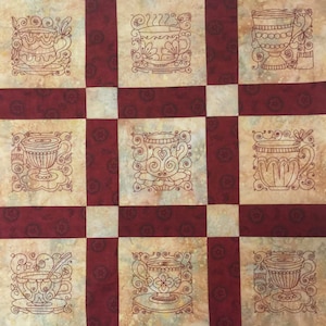 Teacup Blocks Redwork Embroidery Machine Designs  - 2 Sizes Each INSTANT DOWNLOAD - Elegant Kitchen Designs Tea Coffee Squares Quilt