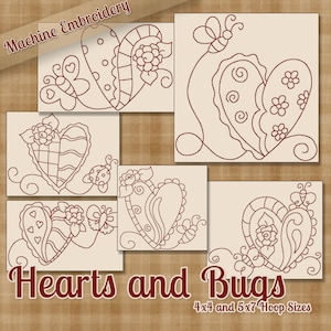 Hearts and Bugs Redwork Machine Embroidery Patterns / Designs - 4x4 and 5x7 Hoop - 6 Designs - 2 Sizes Each  INSTANT DOWNLOAD