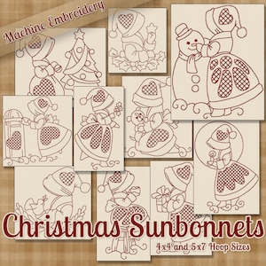 Puede incluir: Un conjunto de 10 diseños de bordado a máquina con motivos navideños de chicas con sombreros de sol, un muñeco de nieve, un árbol de Navidad y un osito de peluche. Los diseños son en blanco y negro y son adecuados para aros de 4x4 y 5x7. Christmas Sunbonnets 4x4 and 5x7 Hoop Sizes