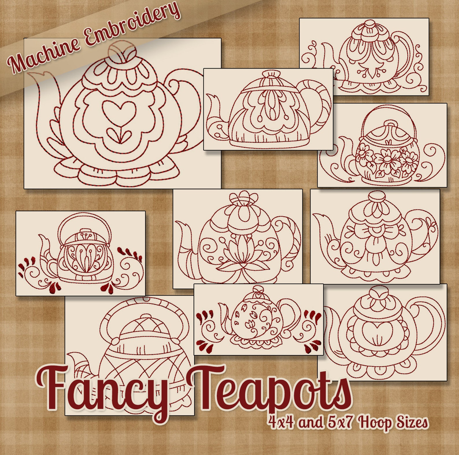 Redwork Fancy Teapots Machine Embroidery Patterns / Designs Etsy