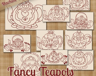 Redwork Fancy Teapots Machine Embroidery Patterns / Designs - 4x4 and 5x7 Hoop - 10 Kitchen Designs in 2 Sizes INSTANT DOWNLOAD