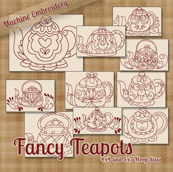 Redwork Fancy Teapots Machine Embroidery Patterns / Designs - 4x4 and 5x7 Hoop - 10 Kitchen Designs in 2 Sizes INSTANT DOWNLOAD