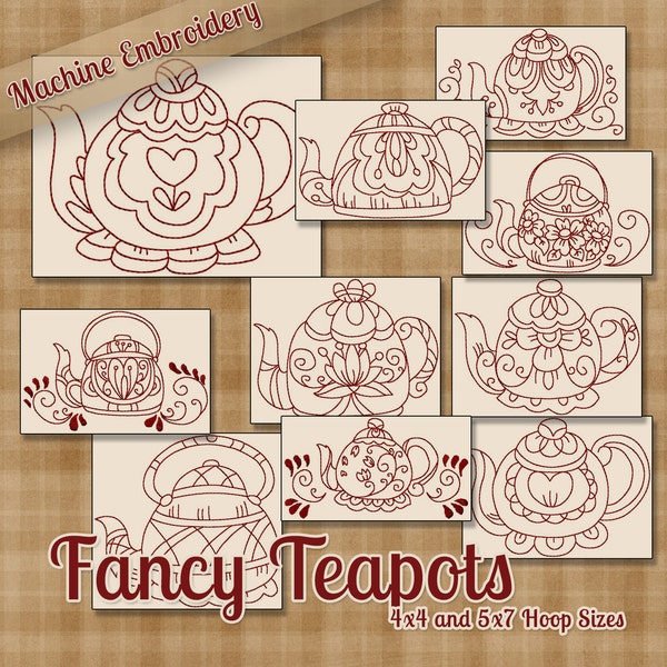 Redwork Fancy Teapots Machine Embroidery Patterns / Designs - 4x4 and 5x7 Hoop - 10 Kitchen Designs in 2 Sizes INSTANT DOWNLOAD