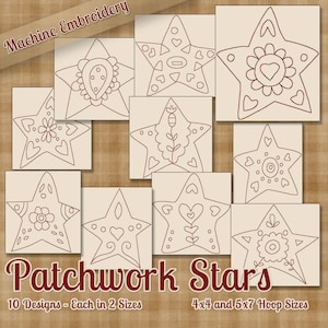 Patchwork Stars Redwork Machine Embroidery Patterns / Designs 4x4 and 5x7 Hoop INSTANT DOWNLOAD Decorative Outline Style Quilting