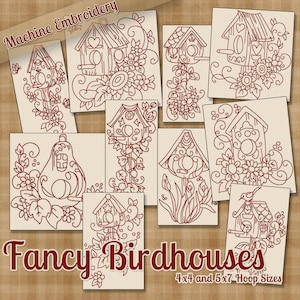 Redwork Fancy Birdhouses Machine Embroidery Patterns / Designs - 4x4 and 5x7 Hoop - 10 Bird Designs 2 Sizes INSTANT DOWNLOAD