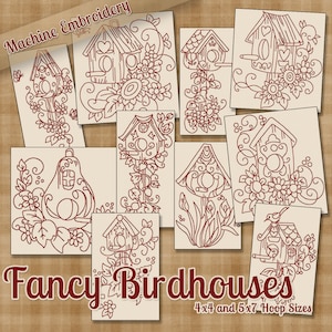 May include: A set of 9 machine embroidery designs featuring various birdhouses with intricate details and floral accents. The designs are perfect for creating unique and personalized home decor projects. The text "Fancy Birdhouses" and "4x4 and 5x7 Hoop Sizes" is included in the image.