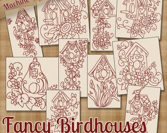 Redwork Fancy Birdhouses Machine Embroidery Patterns / Designs - 4x4 and 5x7 Hoop - 10 Bird Designs 2 Sizes INSTANT DOWNLOAD