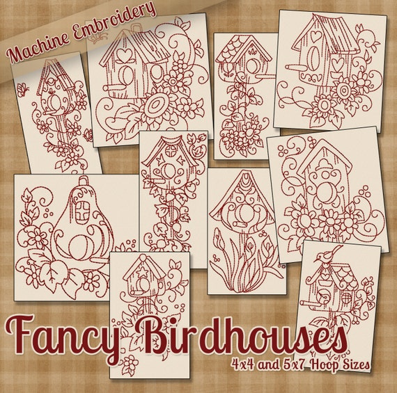 Redwork Fancy Birdhouses Machine Embroidery Patterns / Designs - 4x4 and 5x7 Hoop - 10 Bird Designs 2 Sizes INSTANT DOWNLOAD