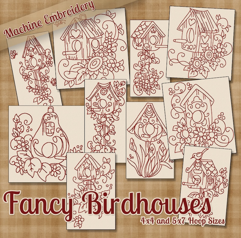 May include: A set of 9 machine embroidery designs featuring various birdhouses with intricate details and floral accents. The designs are perfect for creating unique and personalized home decor projects. The text "Fancy Birdhouses" and "4x4 and 5x7 Hoop Sizes" is included in the image.