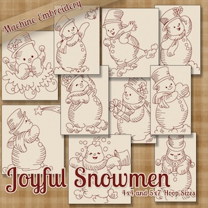 Può includere: Un set di nove disegni di ricamo a macchina che presentano allegri pupazzi di neve in varie pose. I disegni sono in stile vintage e sono perfetti per aggiungere un tocco festivo ai tuoi progetti natalizi. I disegni sono disponibili nelle dimensioni del cerchio 4x4 e 5x7.