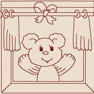 Redwork Bear in the Window Machine Borduurpatronen / Ontwerpen - 4x4 formaat INSTANT DOWNLOAD