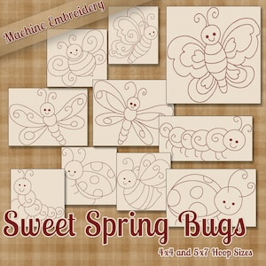 May include: A collection of machine embroidery designs featuring various spring bugs, including butterflies, dragonflies, ladybugs, and caterpillars. The designs are in a simple, line-art style, with a reddish-brown thread color. The text "Sweet Spring Bugs" is displayed at the bottom.