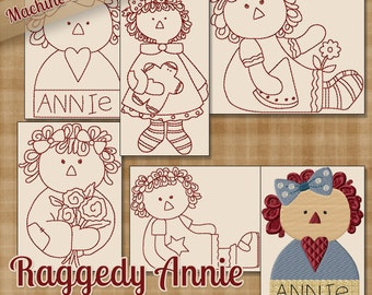 Redwork Raggedy Ann Annie Machine Embroidery Patterns / Designs 4x4 and 5x7 Hoop INSTANT DOWNLOAD