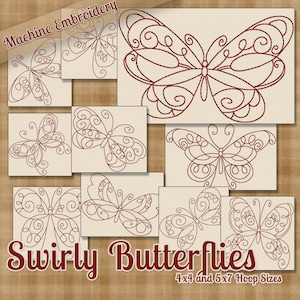 Swirly Butterflies Redwork Machine Embroidery Patterns / Designs 4x4 and 5x7 Hoop INSTANT DOWNLOAD Decorative Outline Style Quilting