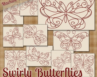 Swirly Butterflies Redwork Machine Embroidery Patterns / Designs 4x4 and 5x7 Hoop INSTANT DOWNLOAD Decorative Outline Style Quilting