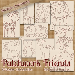 Patchwork Friends Redwork Machine Embroidery Patterns / Designs 4x4 and 5x7 Hoop INSTANT DOWNLOAD Decorative Outline Style Quilting