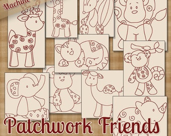 Patchwork Friends Redwork Machine Embroidery Patterns / Designs 4x4 and 5x7 Hoop INSTANT DOWNLOAD Decorative Outline Style Quilting