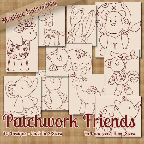 Patchwork Friends Redwork Machine Embroidery Patterns / Designs 4x4 and 5x7 Hoop INSTANT DOWNLOAD Decorative Outline Style Quilting