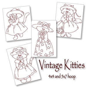 Vintage Kitties Redwork Machine Embroidery Patterns / Designs - 4x4 and 5x7 Hoop INSTANT DOWNLOAD