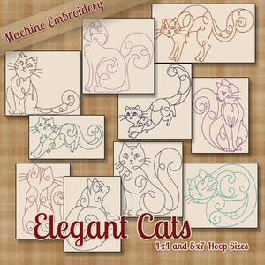 May include: Set of 8 machine embroidery designs featuring elegant cats with intricate swirls and patterns. The designs are available in 4x4 and 5x7 hoop sizes.  "Elegant Cats" is written in red at the bottom of the image.