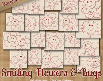 Smiling Flowers & Bugs Redwork Machine Embroidery Patterns 20 Designs 5 Sizes INSTANT DOWNLOAD - art art70 pes jef exp sew xxx vip hus dst