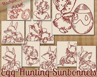 Redwork Egg Hunting Sunbonnets Machine Embroidery Patterns / Designs 4x4 et 5x7 Hoop INSTANT TÉLÉCHARGER Easter Spring Outline Quilting