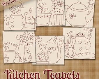 Kitchen Teapots Redwork Machine Embroidery Patterns / Designs - 4x4 and 5x7 Hoop - 6 Designs INSTANT DOWNLOAD