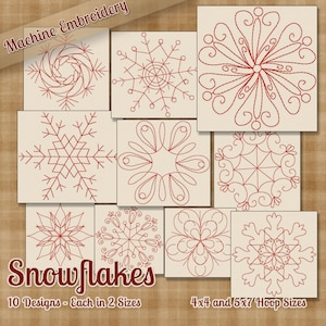 May include: Ten machine embroidery designs of snowflakes in red thread. Each design is available in two sizes: 4x4 inches and 5x7 inches.