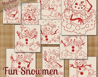 Redwork Fun Snowmen Machine Embroidery Patterns / Designs 4x4 and 5x7 Hoop INSTANT DOWNLOAD